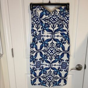 B Darlin White strapless dress with Blue Floral Tile Print gold zipper in back